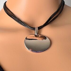 Nine West Oval Pendant Necklace in Silver Organic Black Leather Multi Cord.